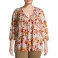thumbnail image 1 of Terra & Sky Women's Plus Size Pintuck Woven Printed Quarter Sleeve V-Neck Blouse, 1 of 6