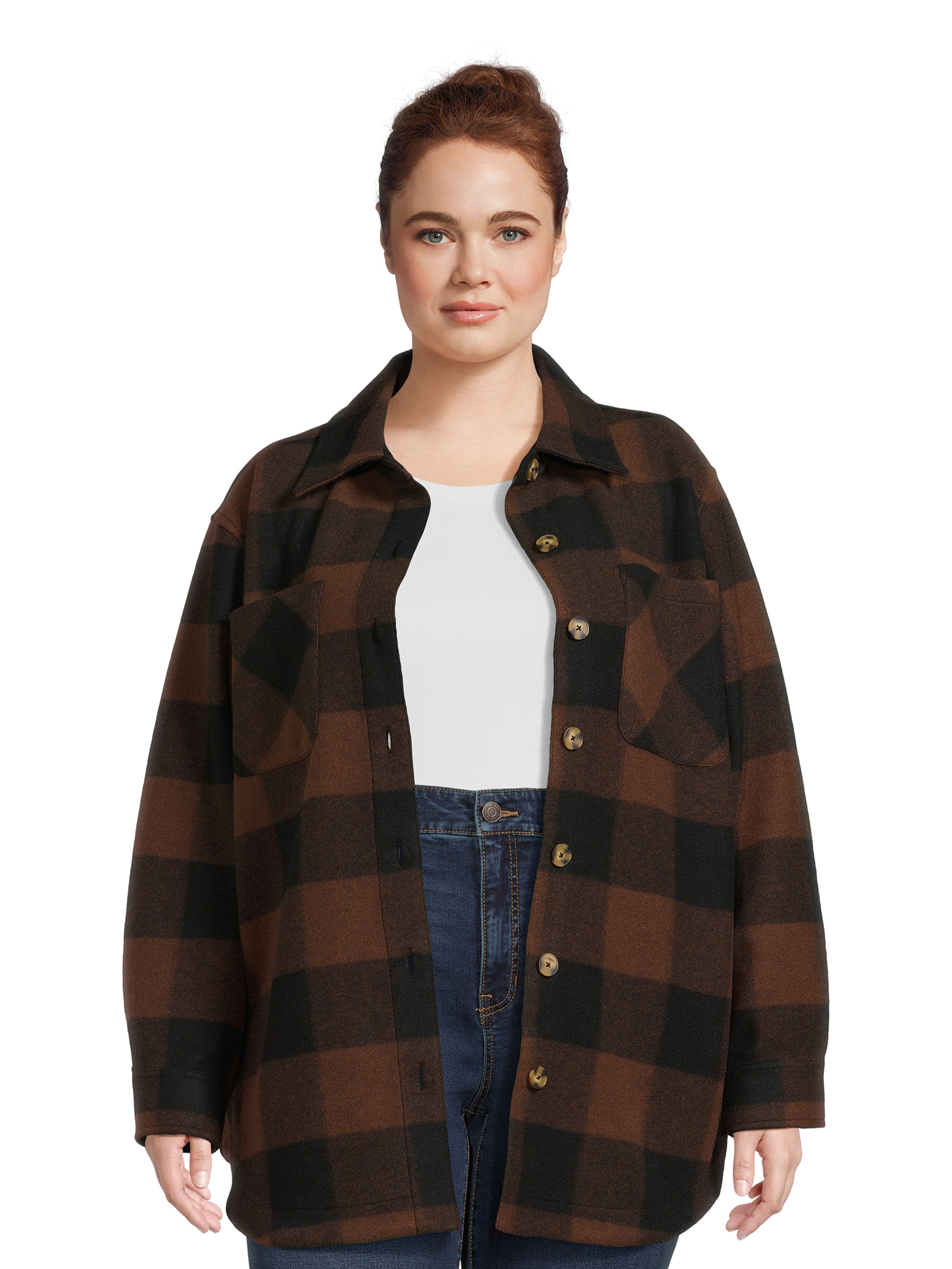 Terra & Sky Women's Plus Size Plaid Button Down Shacket - Walmart.com