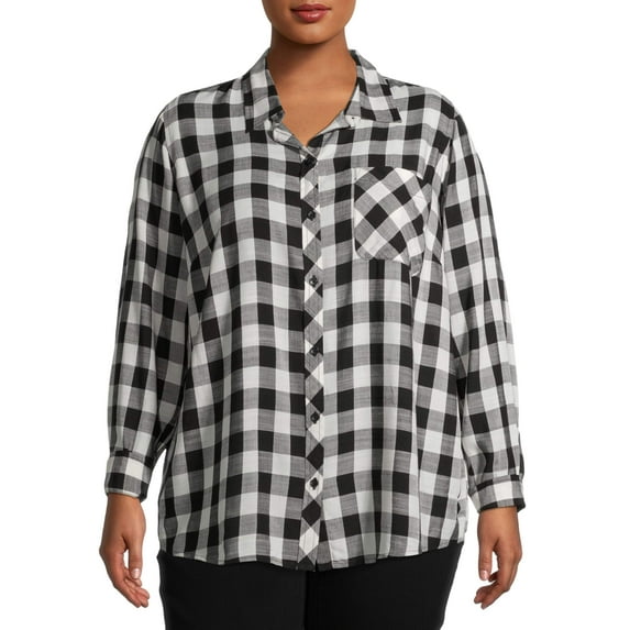 Terra & Sky Women's Plus Size Plaid Pocket Button Down Shirt