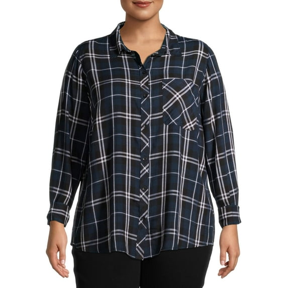 Terra & Sky Women's Plus Size Plaid Pocket Button Down Shirt
