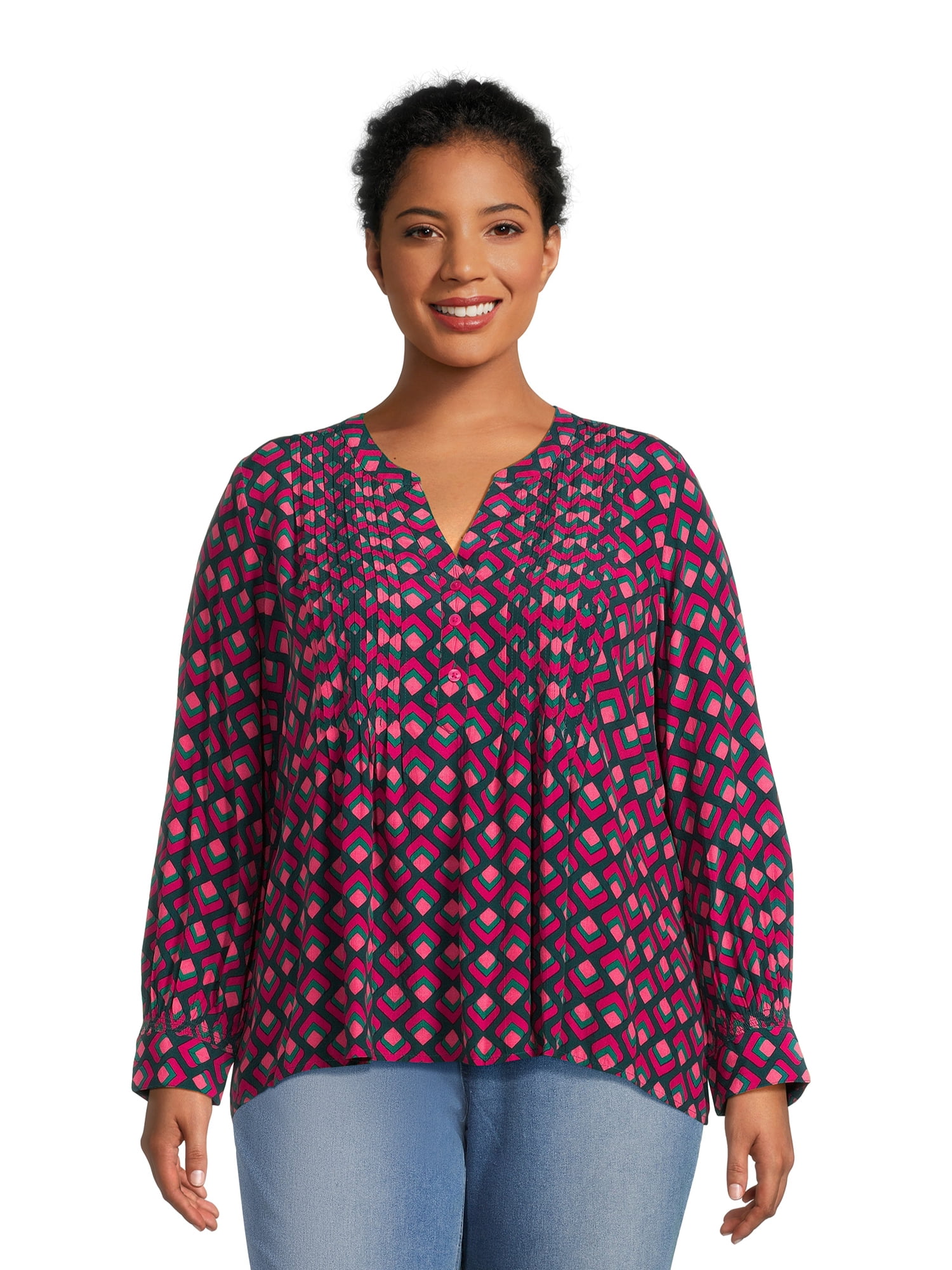 Terra & Sky Women's Plus Size Pleated Long Sleeve Blouse - Walmart.com