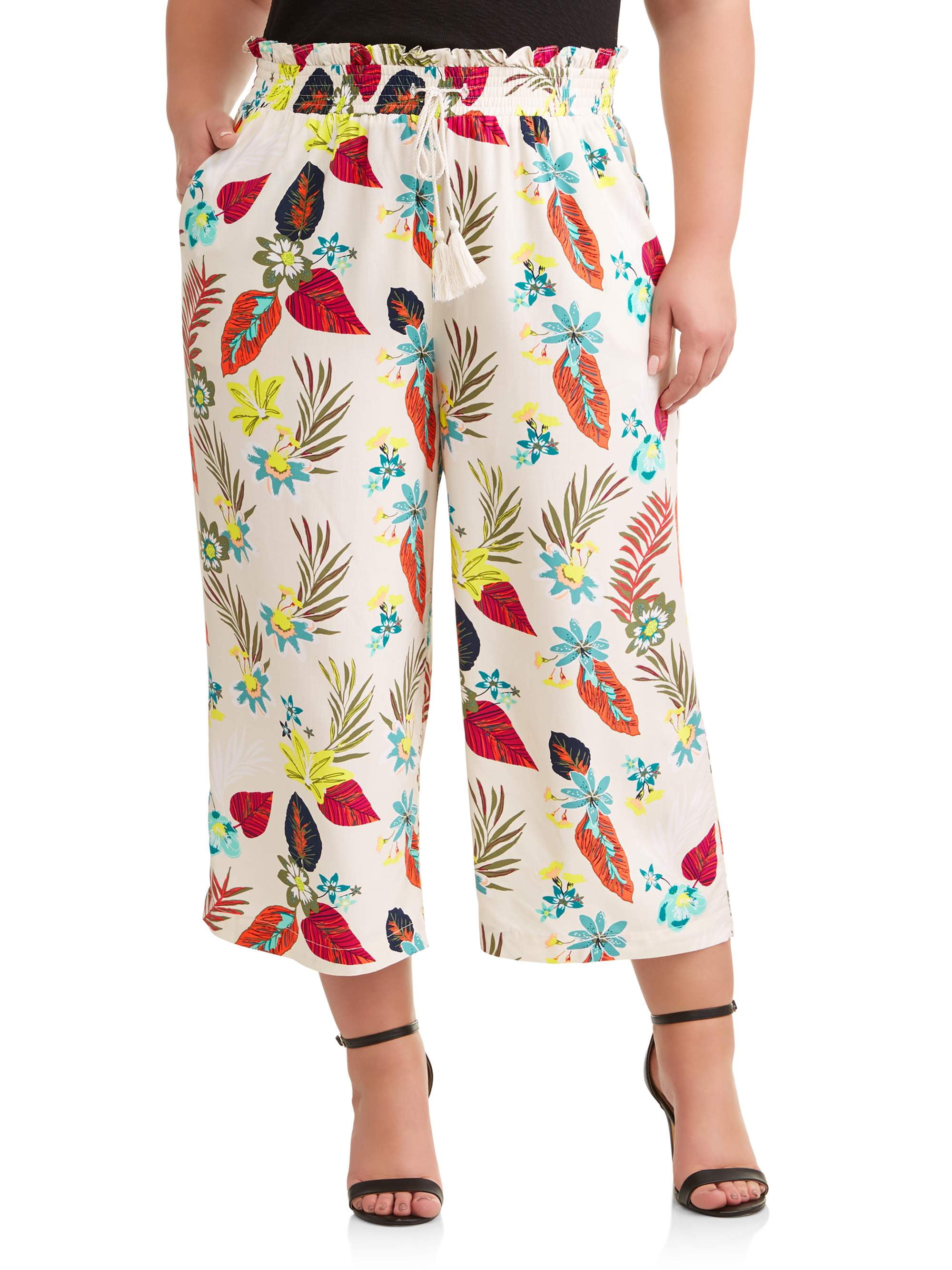 Terra & Sky Women's Plus Size Printed Wide Leg Cropped Pant
