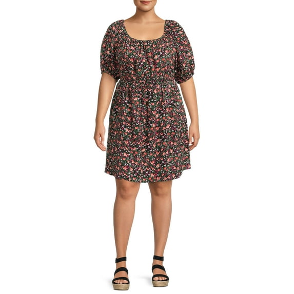 Terra & Sky Women's Plus Size Puff Sleeve Dress with Tie Back