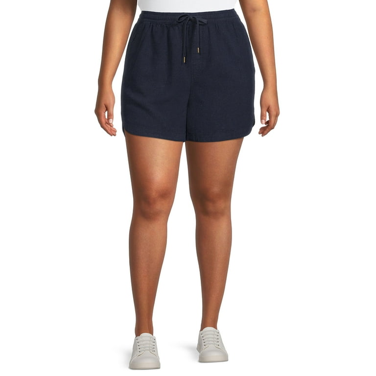 Terra Sky Women s Plus Size Pull On Drawstring Linen Shorts Walmart
