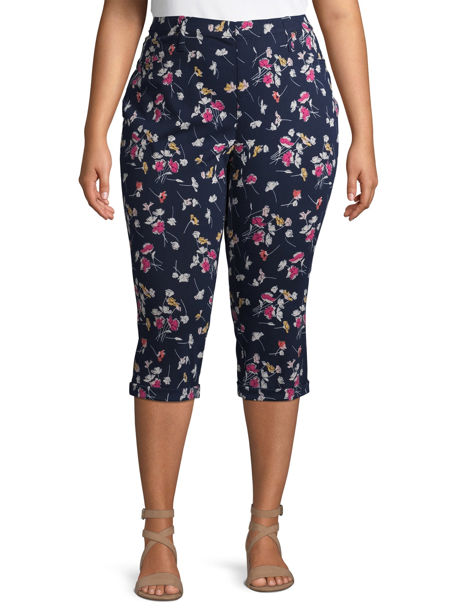 Terra & Sky Women's Plus Size Pull On Floral Capri Jeggings