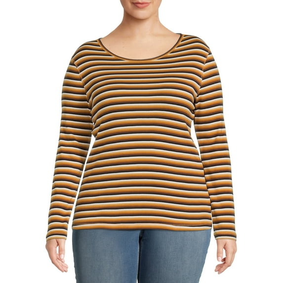 Terra & Sky Women's Plus Size Ribbed Layering T-Shirt with Long Sleeves