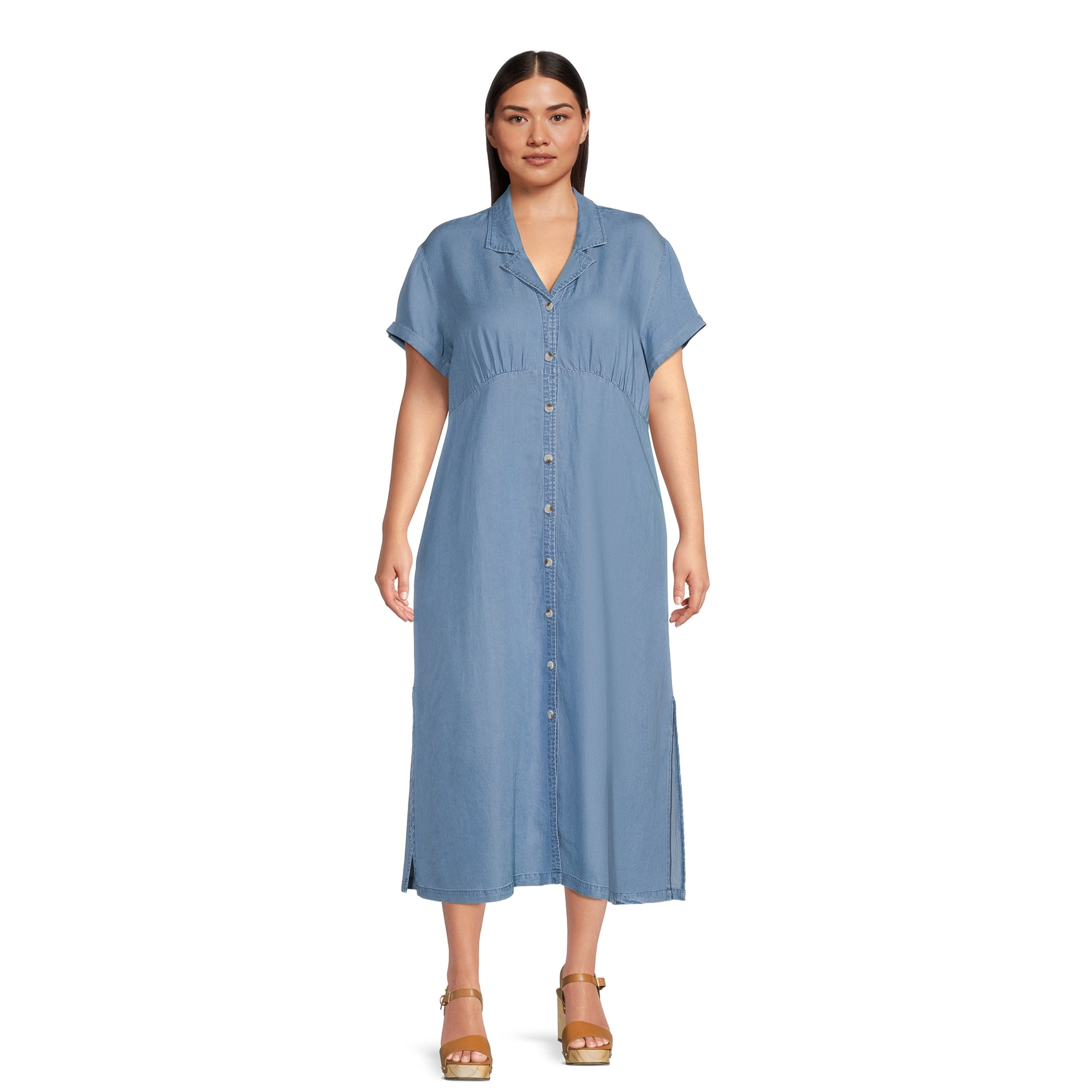 Terra & Sky Women's Plus Size Roll Cuff Maxi Shirt Dress - Walmart.com