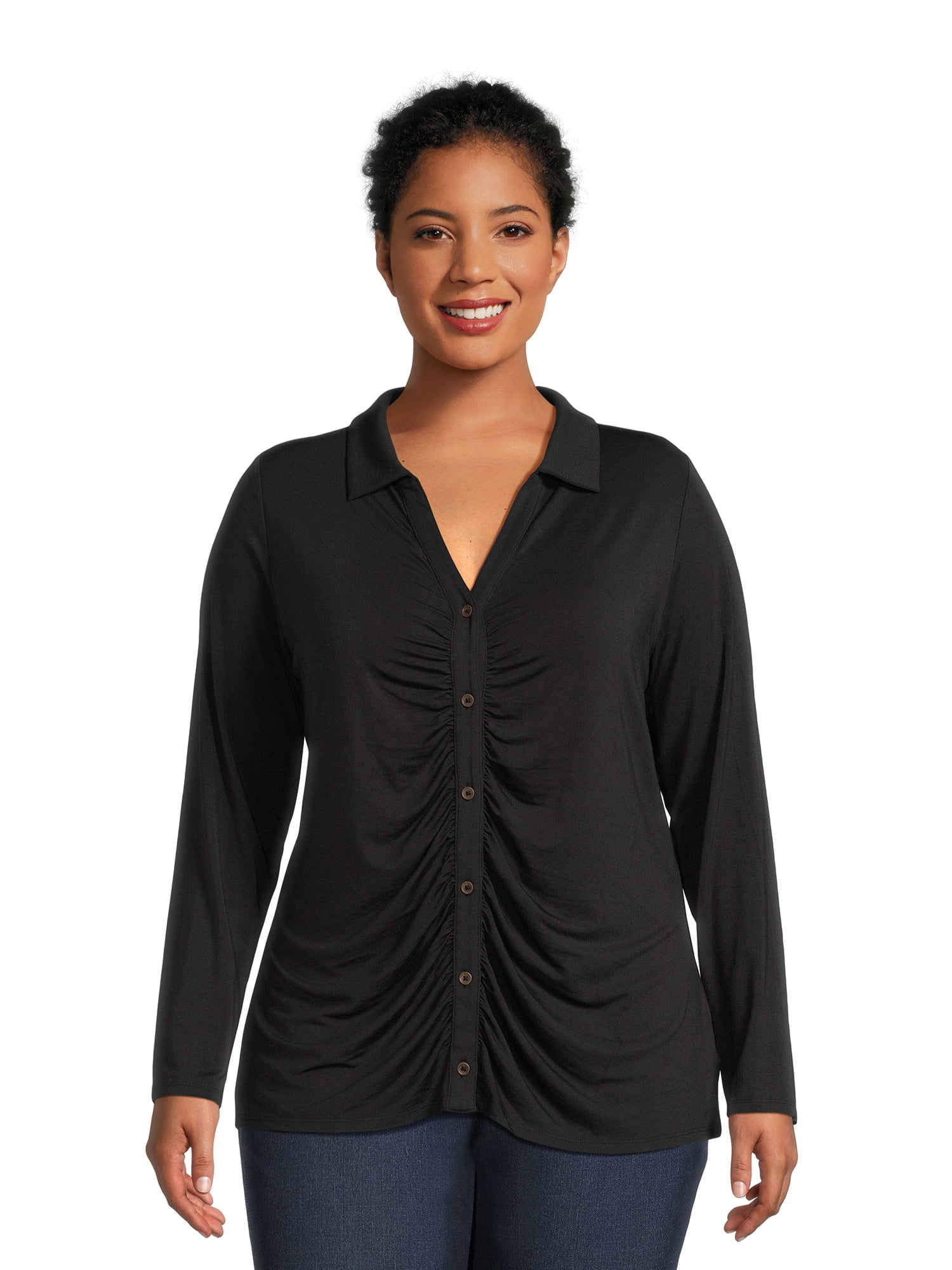 Terra & Sky Women's Plus Size Rouched Shirt with Long Sleeves - Walmart.com