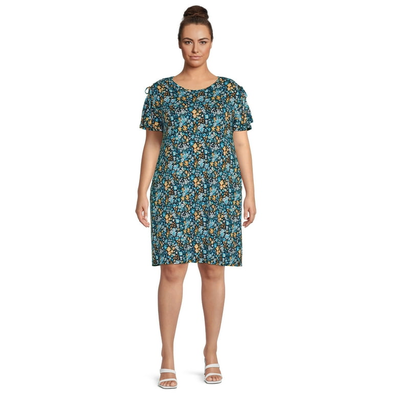 Terra Sky Women s Plus Size Ruched Shoulder Knit Dress Walmart