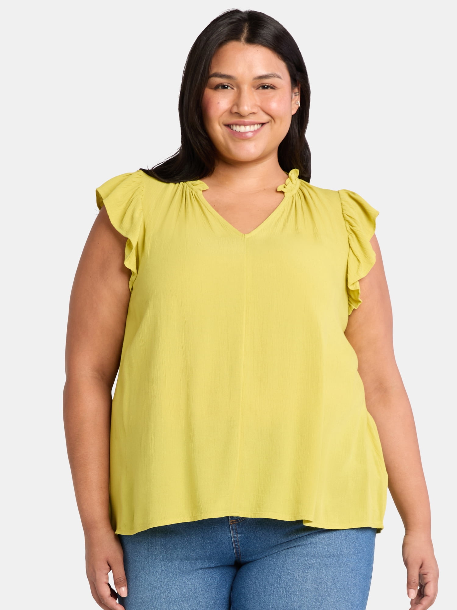 Terra & Sky Women's Plus Size Ruffle Neck Blouse with Flutter Sleeves