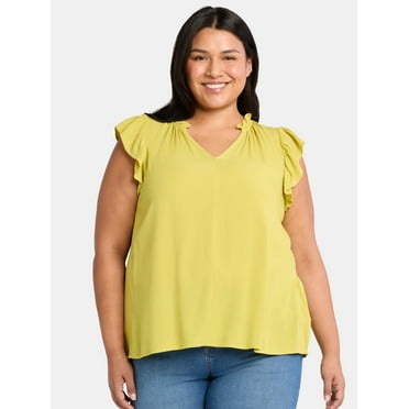 Terra & Sky Women's Plus Size Ruffle Neck Blouse with Flutter Sleeves, Sizes 0X-5X