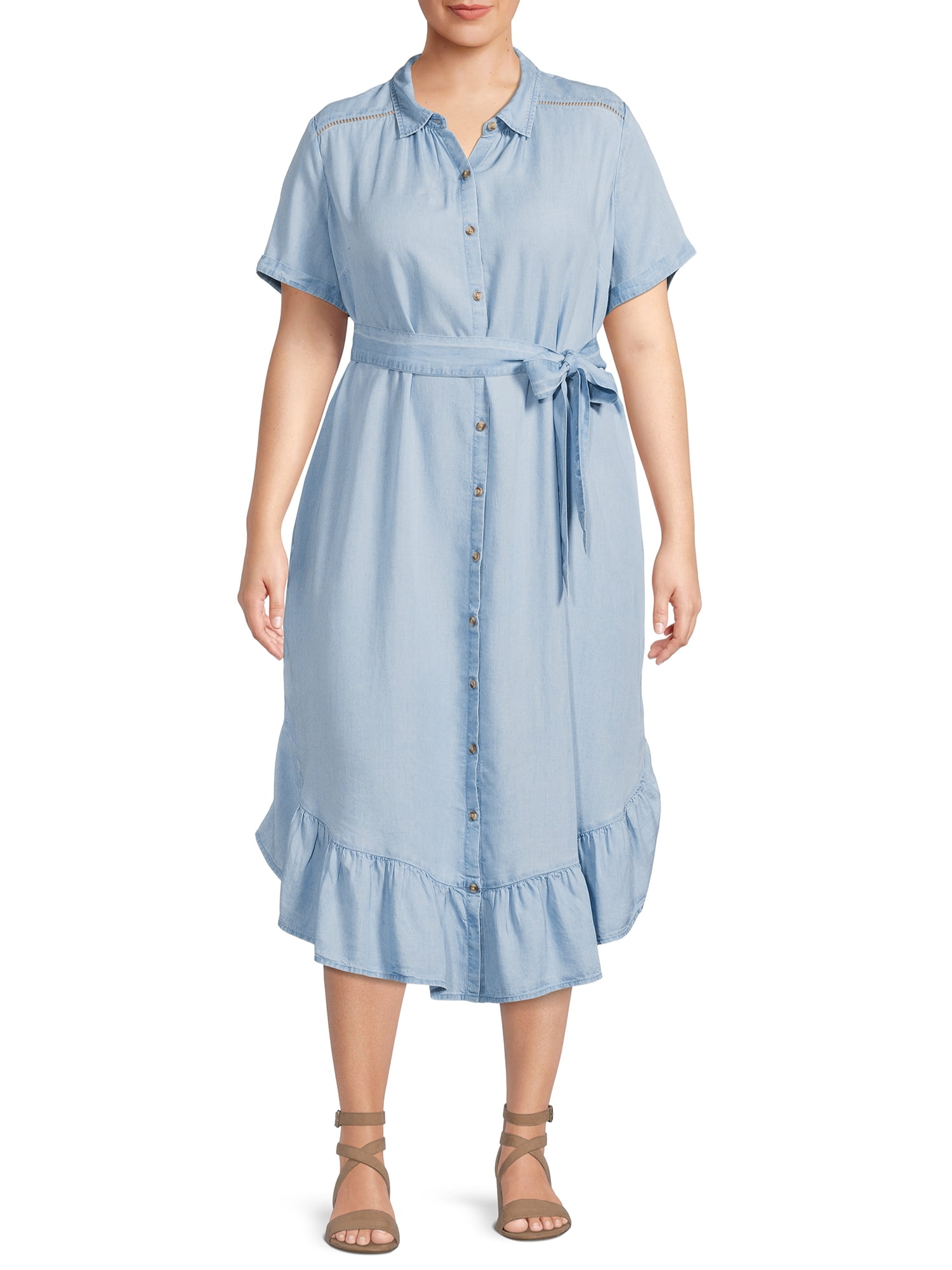 Terra & Sky Women's Plus Size Ruffle Shirt Dress with Short Sleeves ...