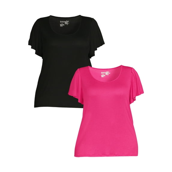 Terra & Sky Women's Plus Size Ruffle Sleeve Tee, 2-Pack