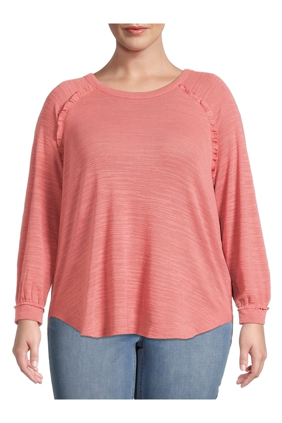 Women's Plus Size Ruffle Top with Long Raglan Sleeves
