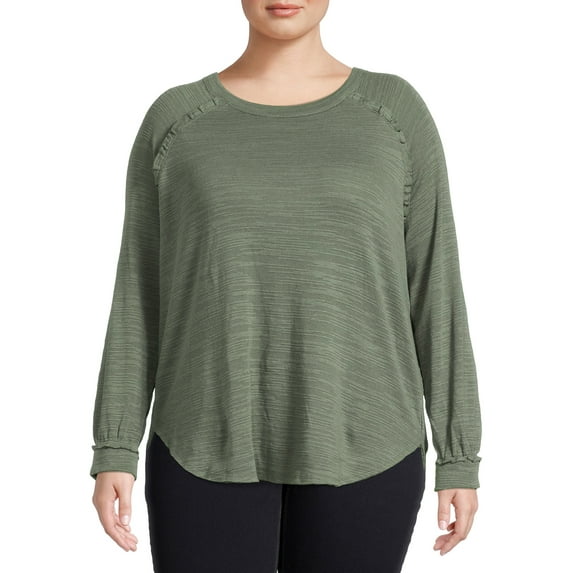 Terra & Sky Women's Plus Size Ruffle Top with Long Raglan Sleeves