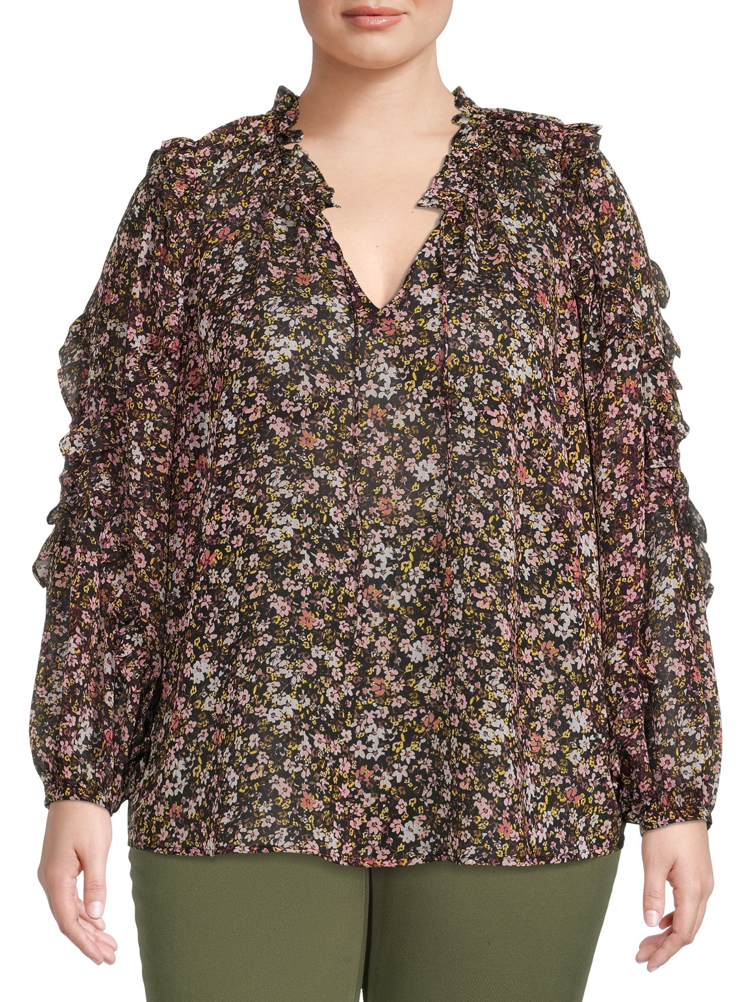 Terra & Sky Women's Plus Size Ruffled Print Top