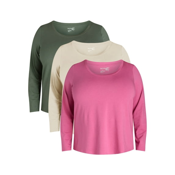 Terra & Sky Women's Plus Size Scoop Neck Tee with Long Sleeves, Available in 1 and 3-Packs, Sizes 0X-5X