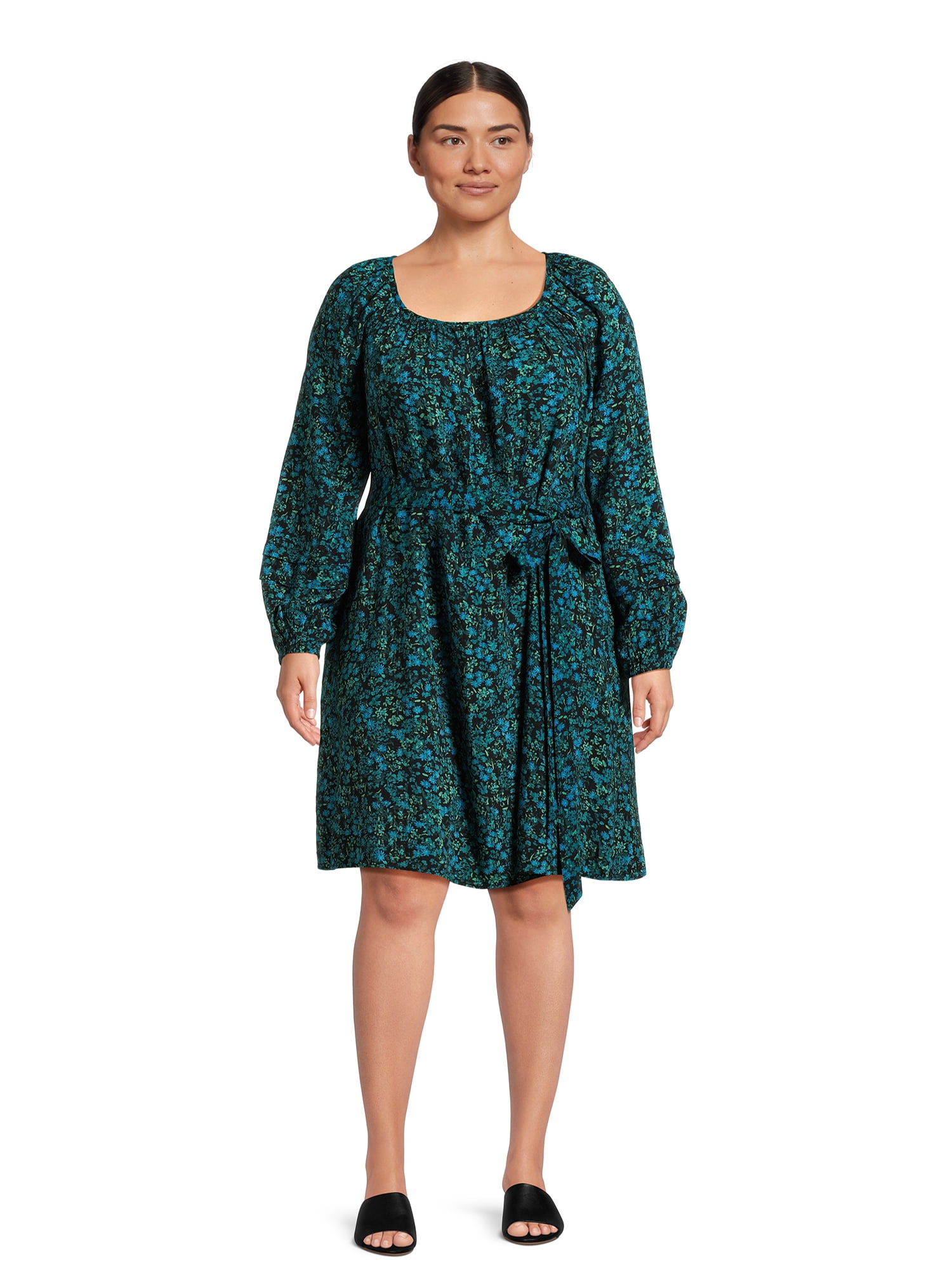 Kelywell Women's Plus Size Off-Shoulder Ruffle Dress - Long Sleeve, Loose Fit Midi