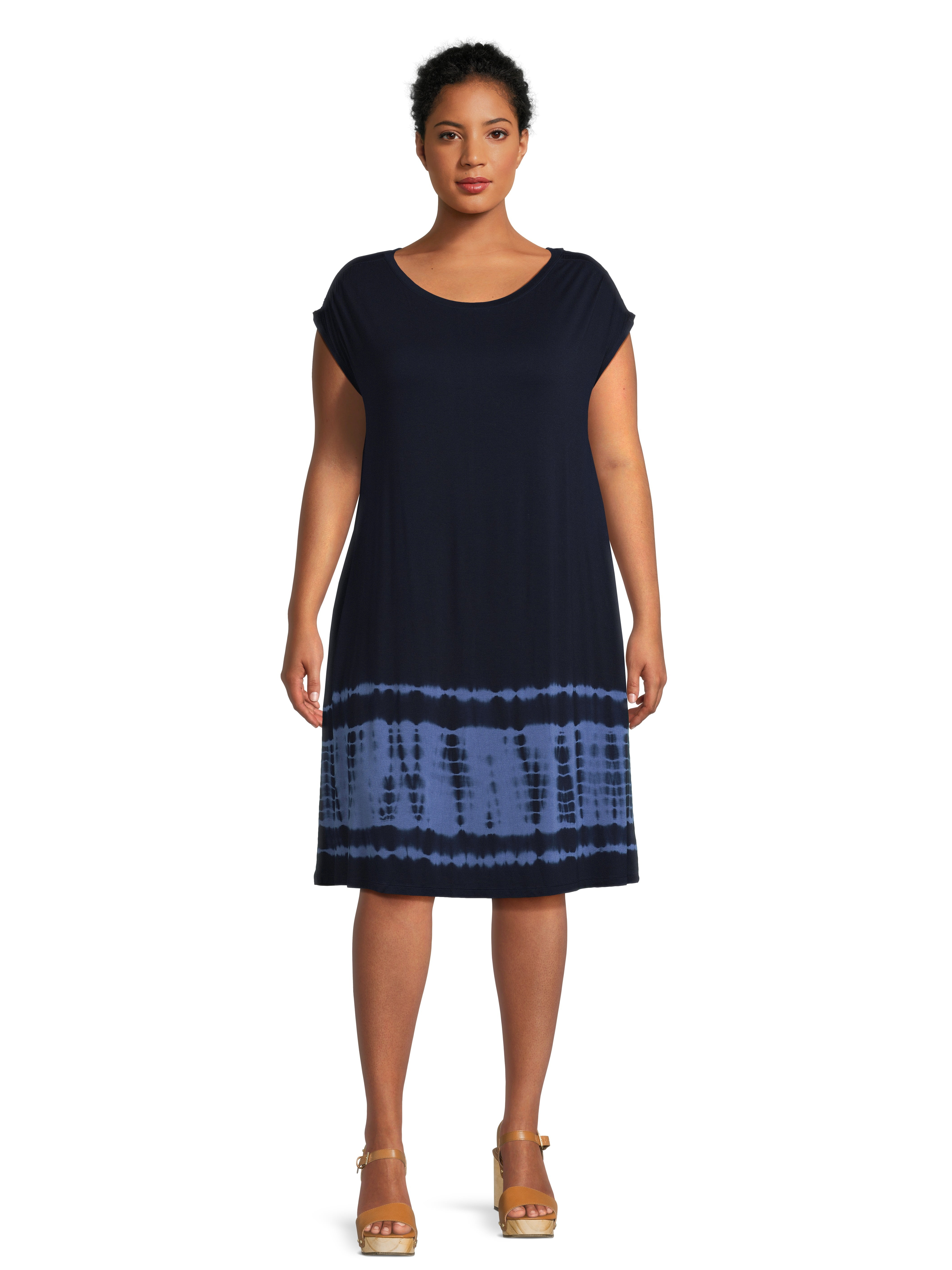 She + Sky Full Size Short Sleeve Pearl Studded Trim Knit Tweed Dress Plus Size