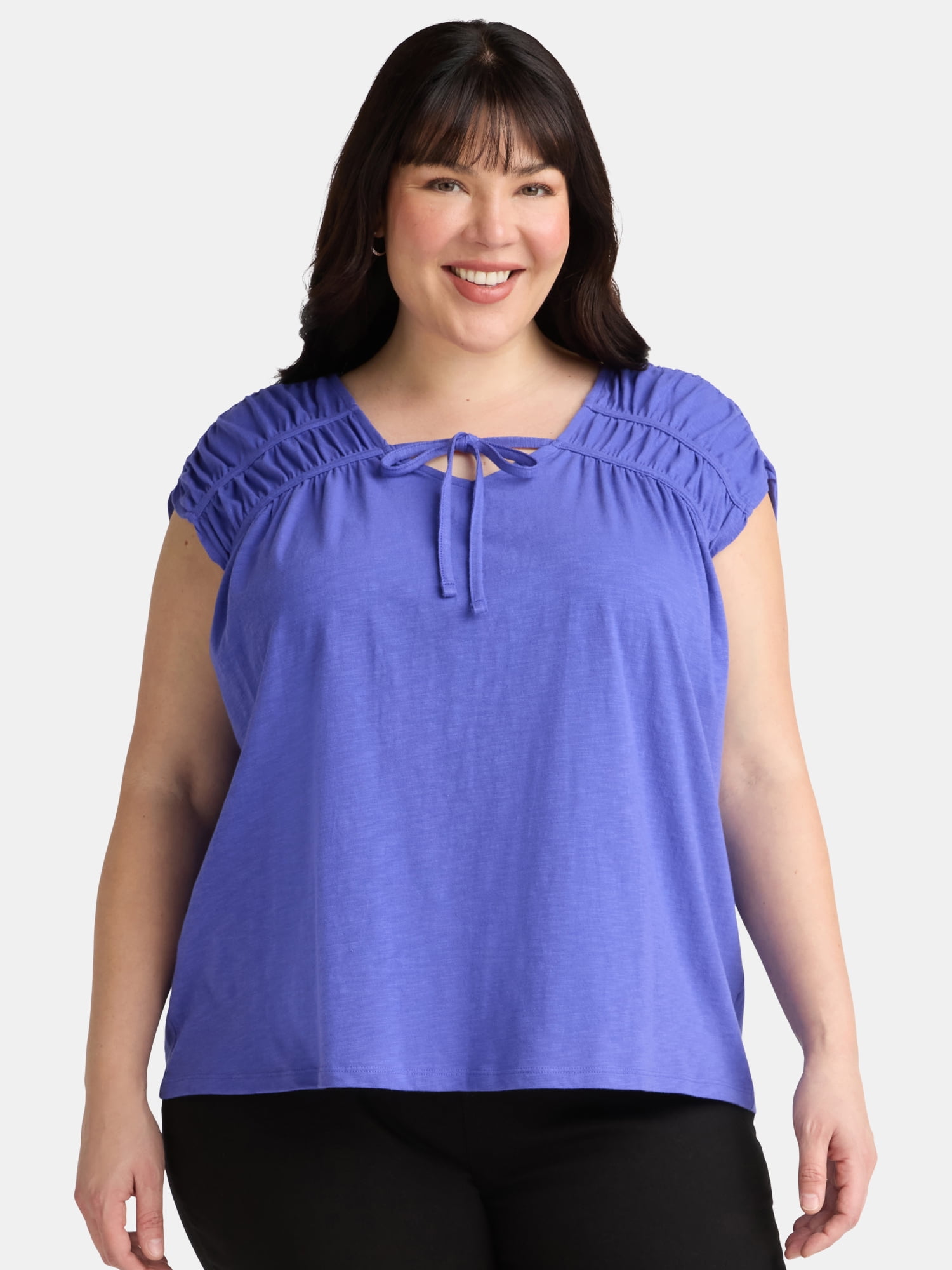 Terra & Sky Women's Plus Size Shirred Tie Top