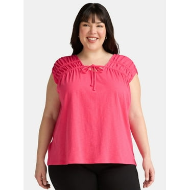 Terra & Sky Women's Plus Size Shirred Tie Top