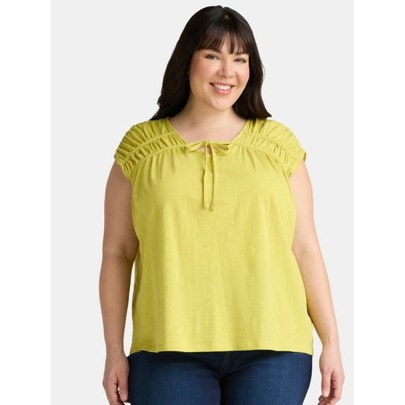 Terra & Sky Women's Plus Size Shirred Tie Top