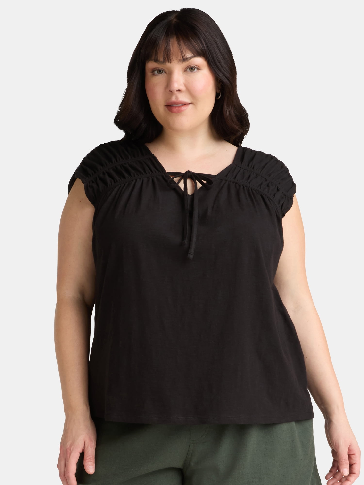 Terra & Sky Women's Plus Size Shirred Tie Top