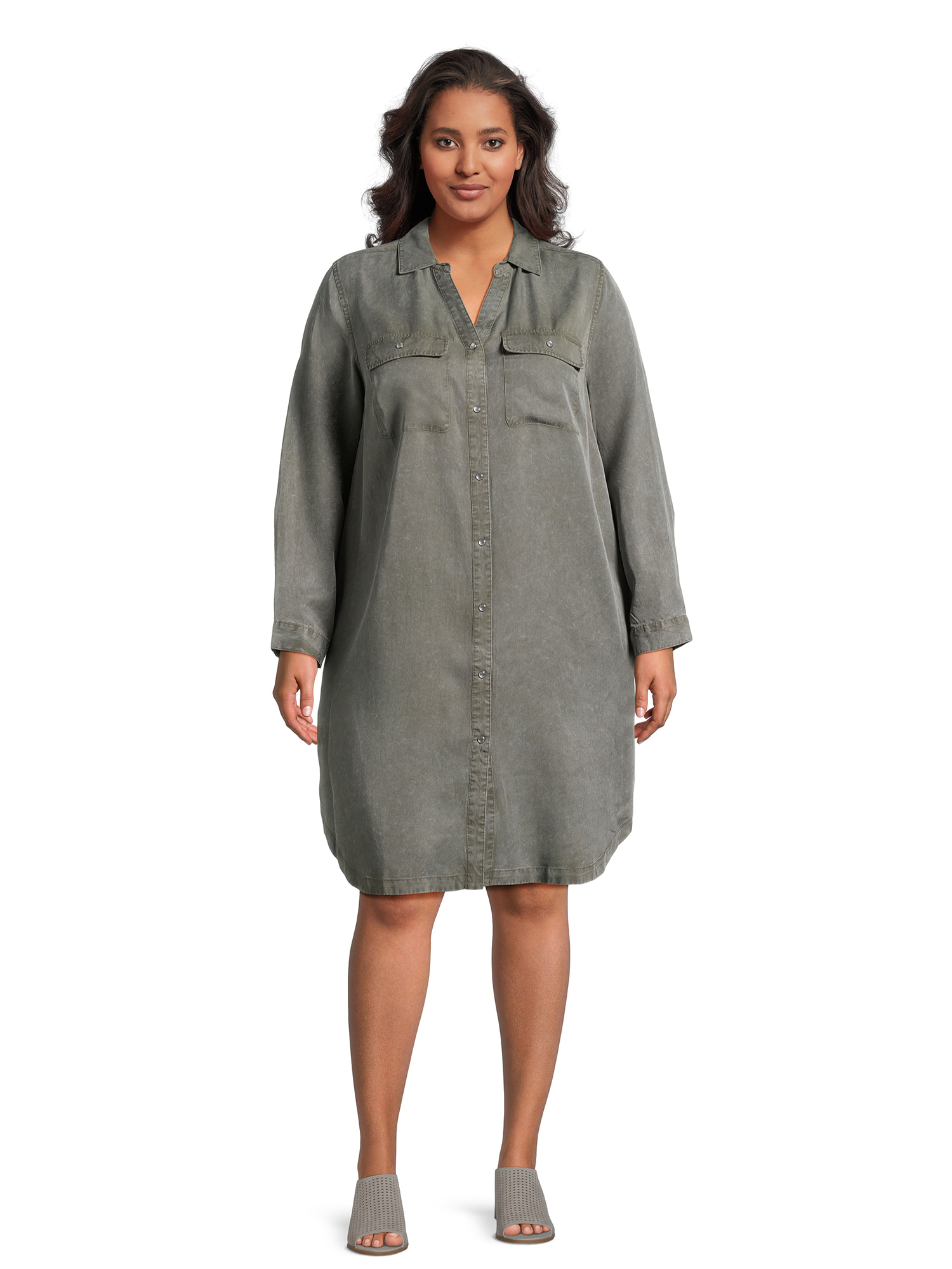 Terra & Sky Womens Plus Size Shirtdress with Long Sleeves