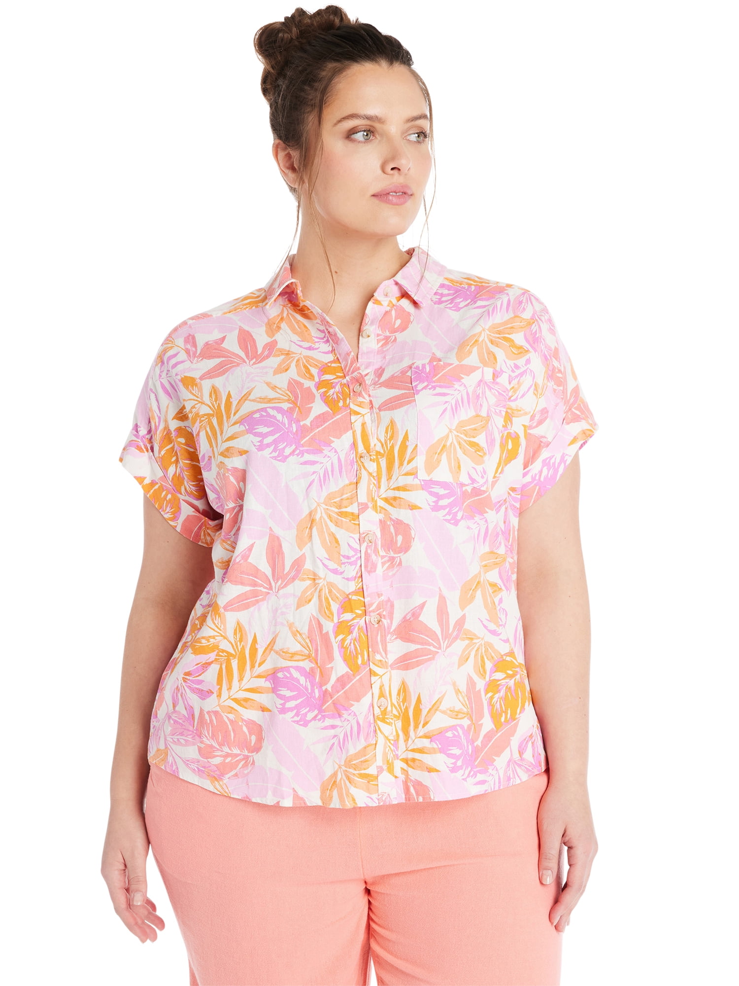 Terra & Sky Women’s Plus Size Short-Sleeve Button-Front Camp Shirt ...