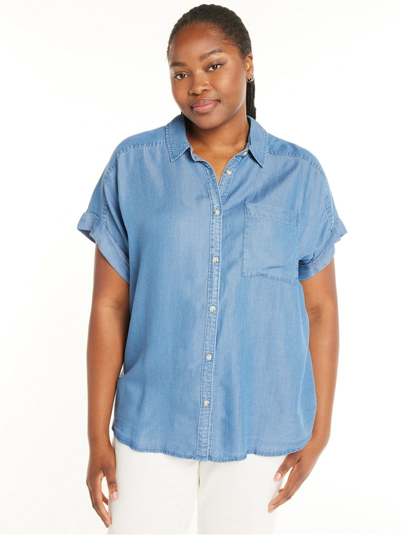 Terra & Sky Women's Plus Size Short-Sleeve Button-Front Camp Shirt
