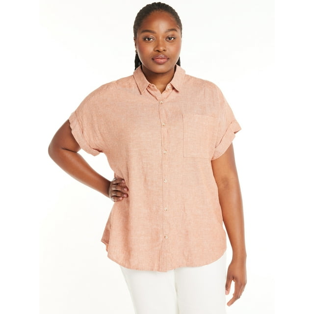 Terra & Sky Women’s Plus Size ShortSleeve ButtonFront Camp Shirt