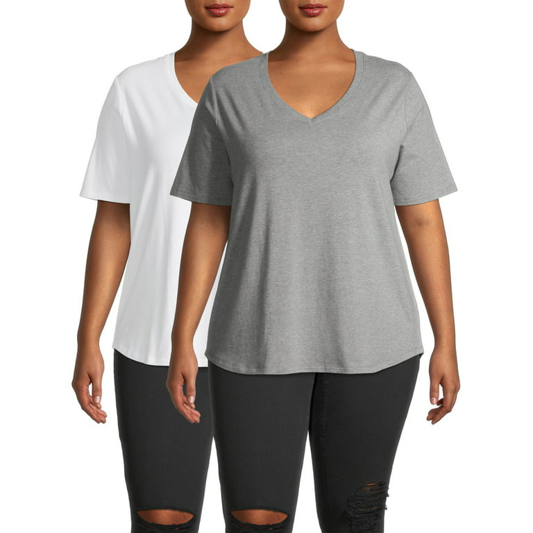 Terra & Sky Women's Plus Size Short Sleeve Everyday Essential V-Neck  T-Shirt, 2-Pack 