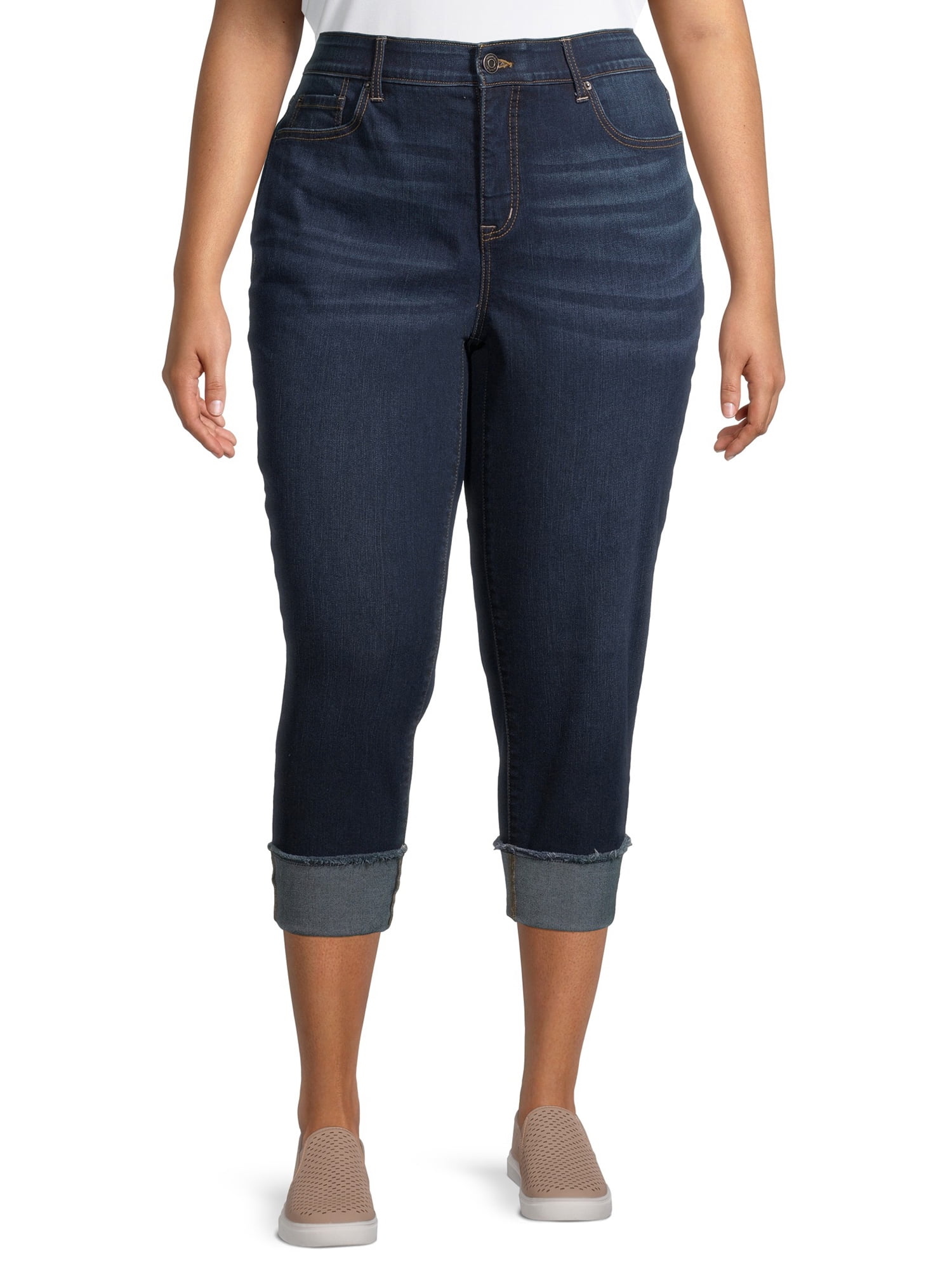 Terra & Sky Women's Plus Size Skinny Denim Capris with Roll Cuff