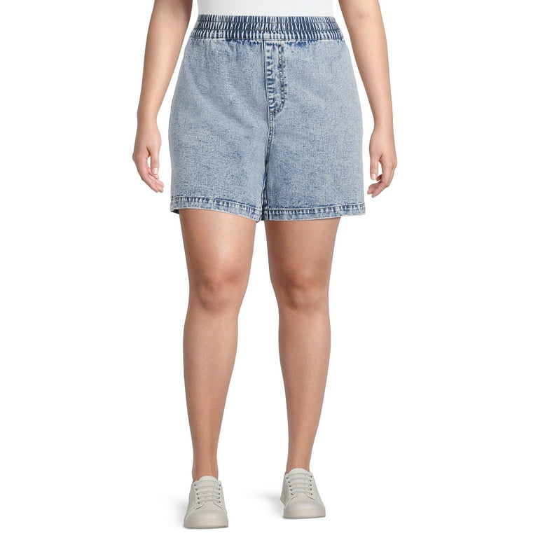 Terra Sky Women s Plus Size Slouchy Pull On Denim Shorts Walmart