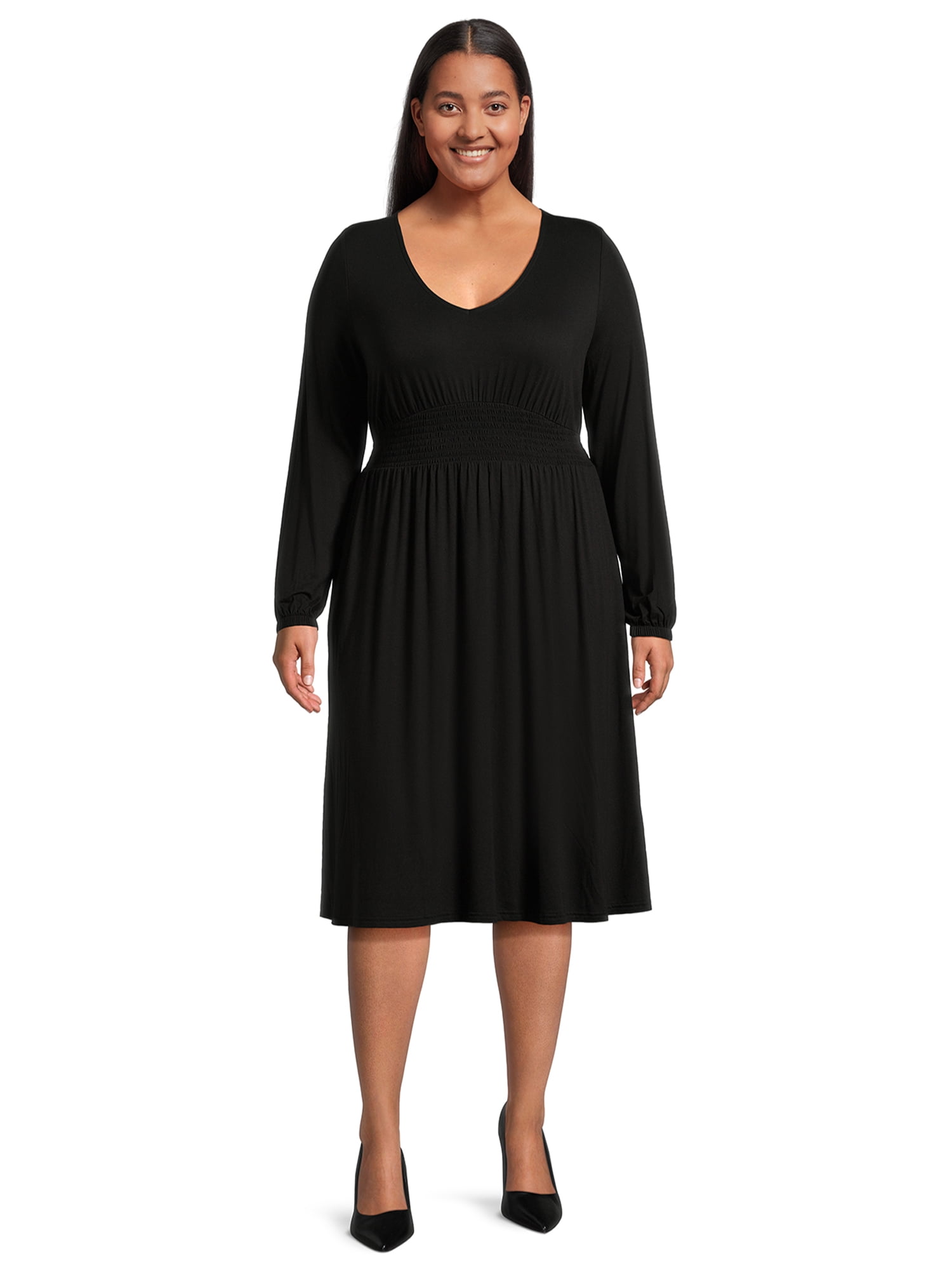 Terra & Sky Women's Plus Size Smock Waist Dress with Long Sleeves ...