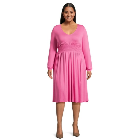 Terra & Sky Women's Plus Size Smock Waist Dress with Long Sleeves