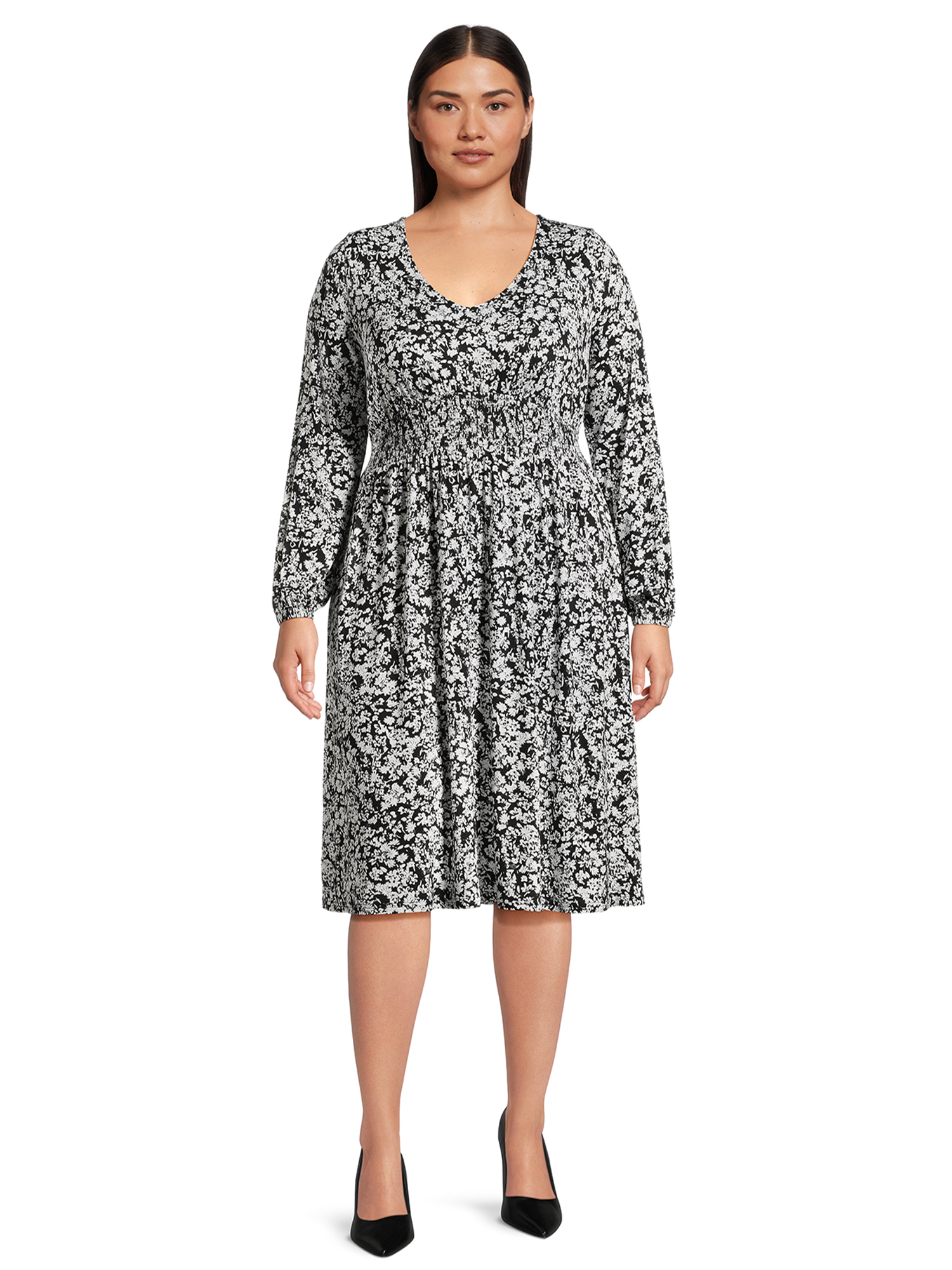 Terra & Sky Women's Plus Size Smock Waist Dress with Long Sleeves ...