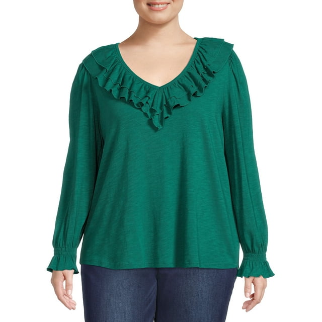 Terra & Sky Women's Plus Size Smocked Cuff Ruffle Tee