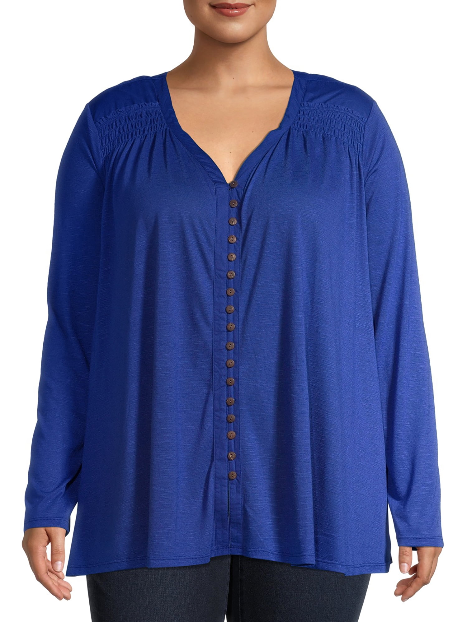 Terra & Sky Women's Plus Size Smocked Shoulder Button-Front Long Sleeve 