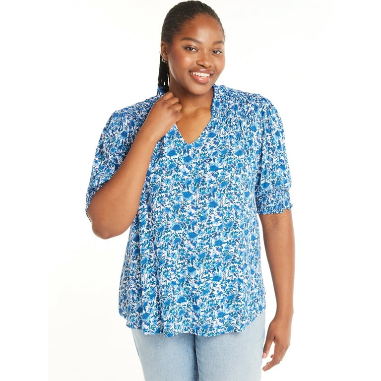 Terra & Sky Plus Size Smocked V-Neck Blouse, Floral, Relaxed