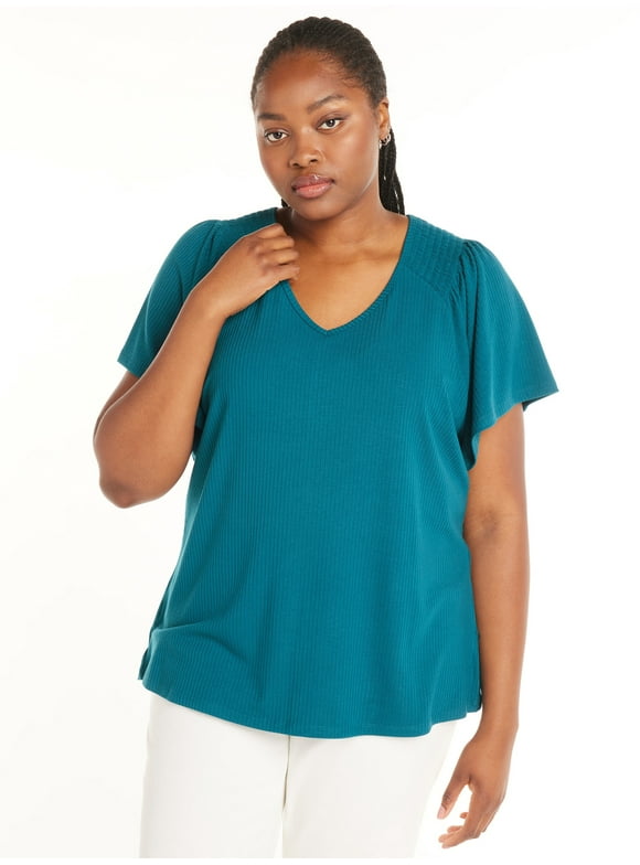 Terra & Sky Women's Plus Size Smocked V-Neck Knit Top, Sizes 0X-5X