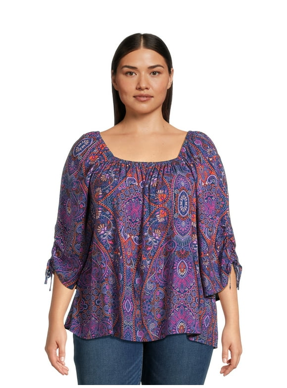 Terra & Sky Women's Plus Size Square Neck Rouched Top, Sizes 0X-4X