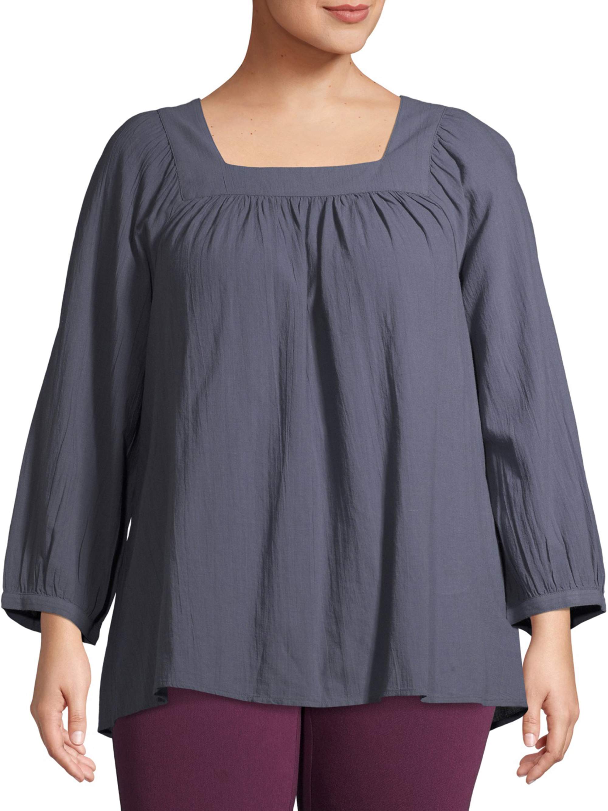 Terra & Sky Women's Plus Size Square Neck Woven Peasant Quarter Sleeve