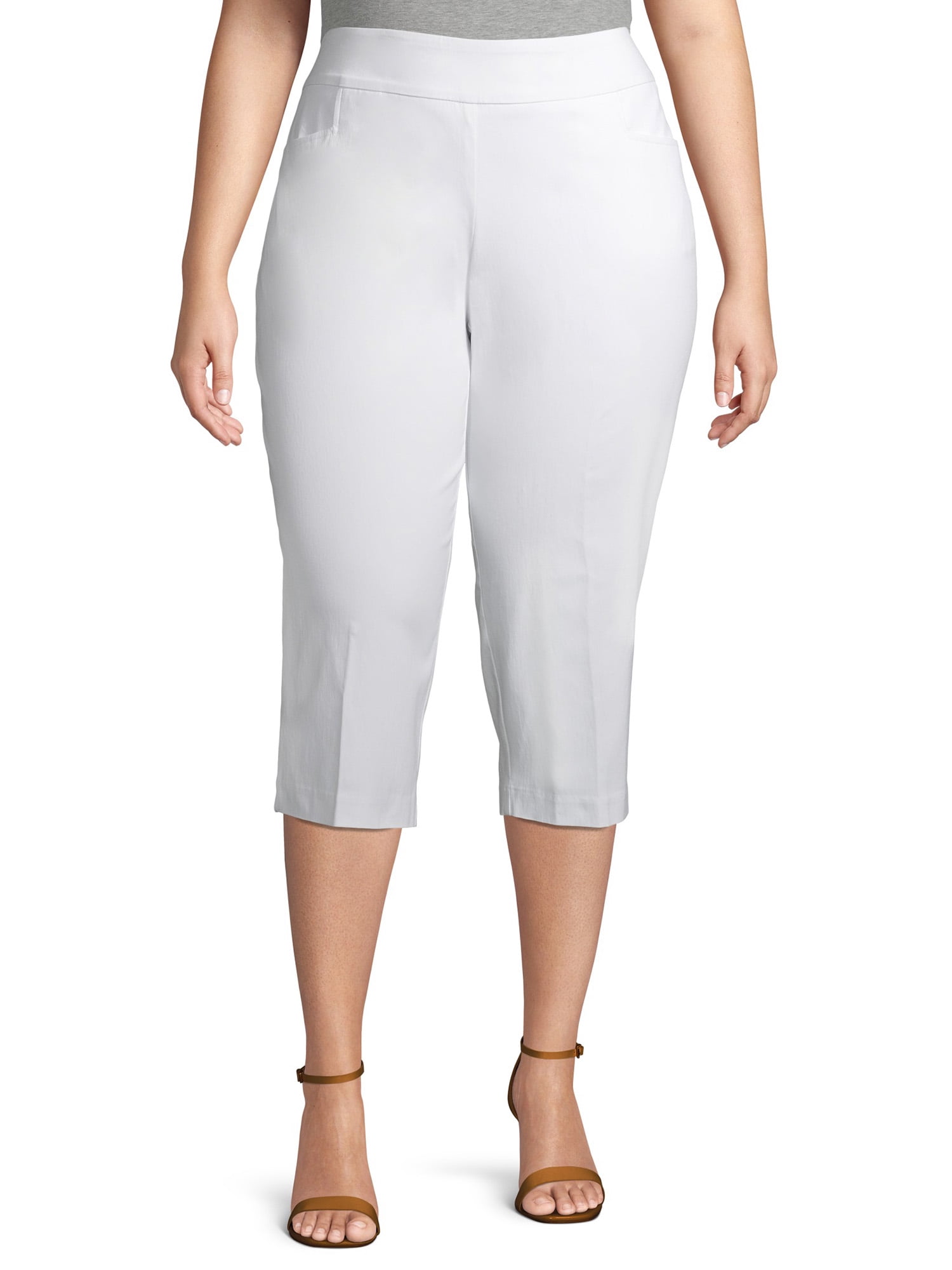 Terra & Sky Women's Plus Size Stretch Woven Capri Pants with Tummy