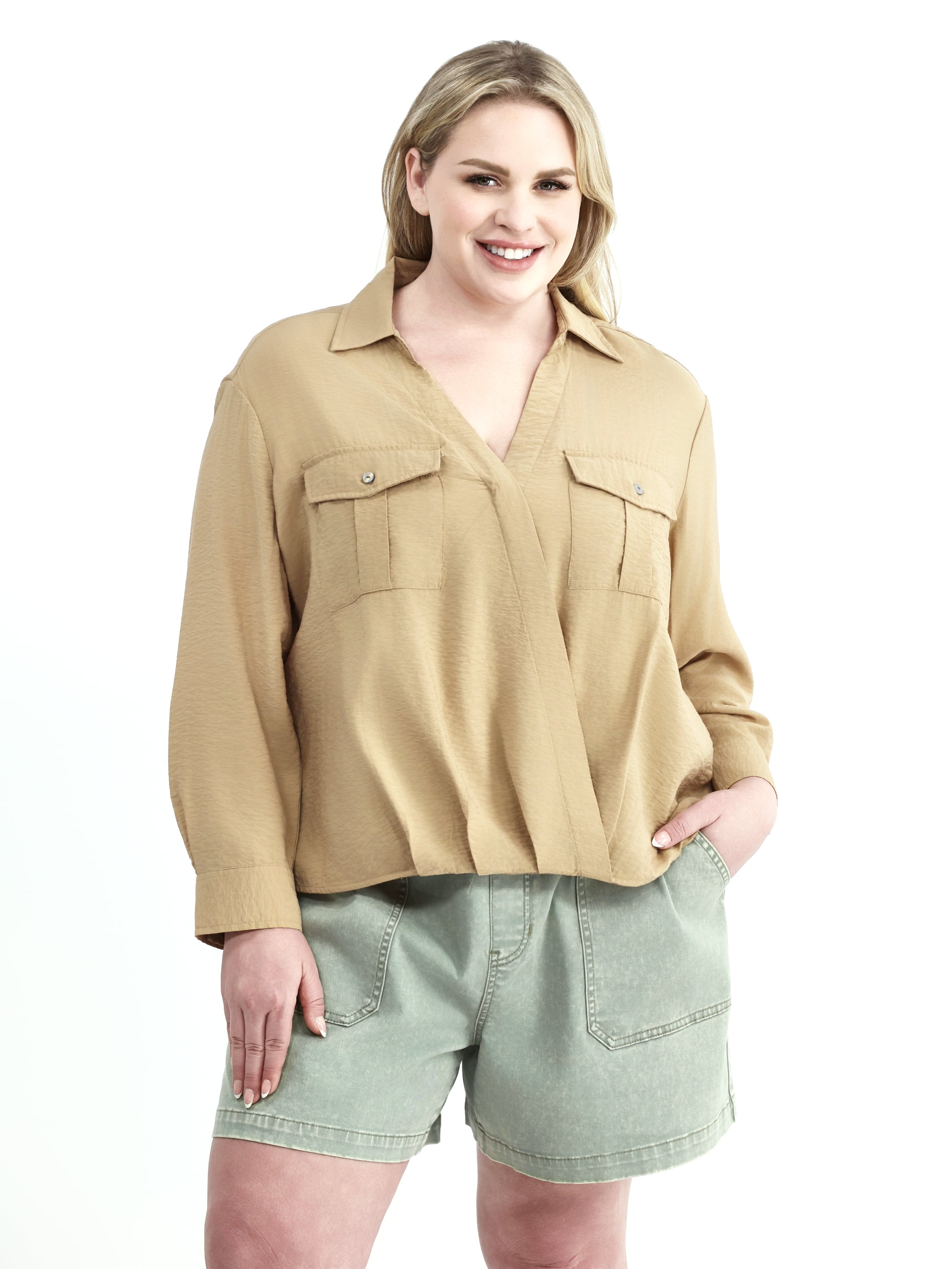Terra & Sky Women’s Plus Size Surplice Top with Long Sleeves, Sizes 0X-5X
