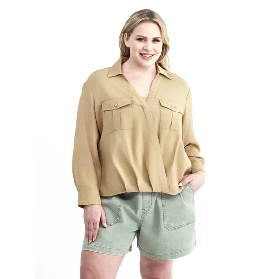 Terra & Sky Women’s Plus Size Surplice Top with Long Sleeves, Sizes 0X-5X