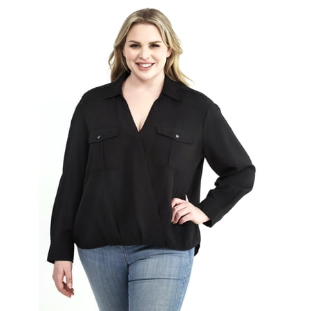 Terra & Sky Women’s Plus Size Surplice Top with Long Sleeves, Sizes 0X-5X