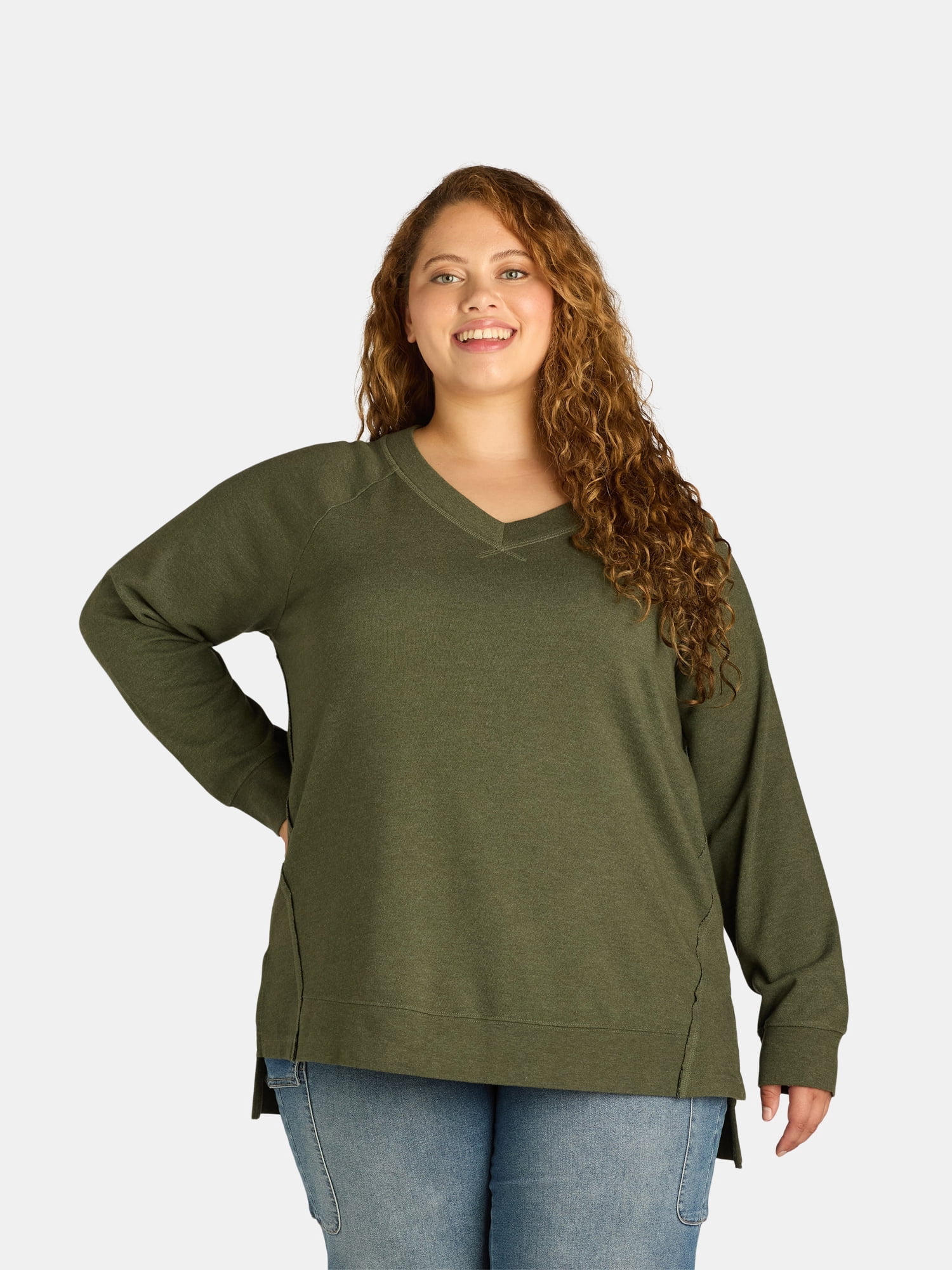 She + Sky Full Size Color Block Sleeve Johnny Collar French Terry Sweatshirt Plus Size