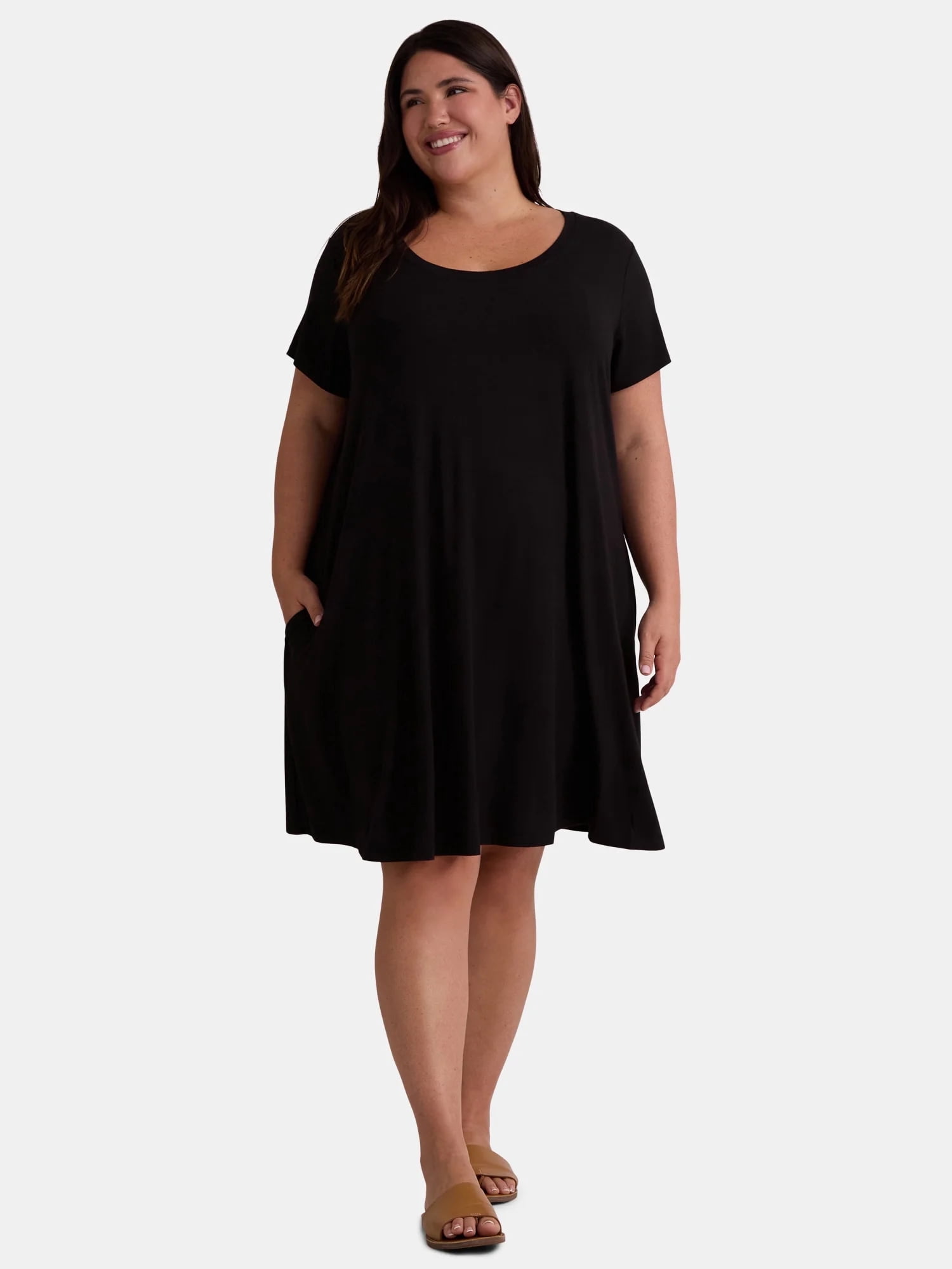 plus size knit swing dress Terra & Sky Women's Dress, Short Sleeve, Scoop Neck, Knee Length, Side Pockets Womens dresses