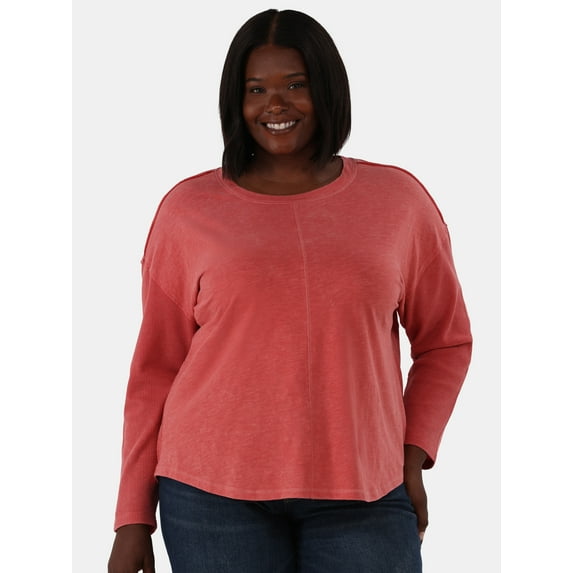 Terra & Sky Women's Plus Size Textured Scoop Neck Top with Long Sleeves, Sizes 0X-4X